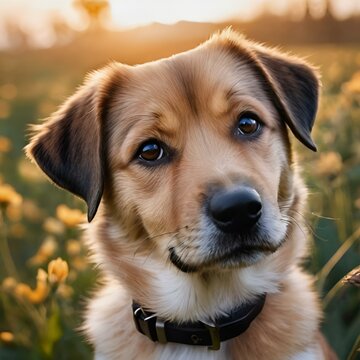 AI generated illustration of a dog with yellow flowers in the sunset field