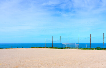 remote soccer sports field at the portuguese atlantic coast near Cabo Raso, Vicentina coast, Algarve,, Portugal - 782922257