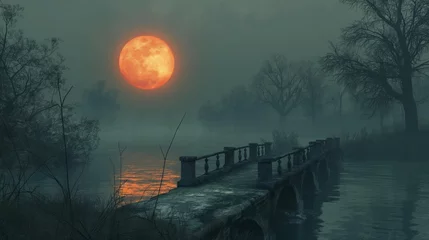 Rolgordijnen dark night landscape with big orange full moon in the sky and old wooden bridge.  © Ilona