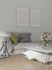Mockup poster wood frame in empty picture living room interior vertical wooden floor There is a sofa in illustration 3d rendering.