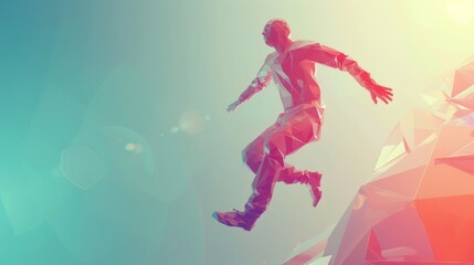 A futuristic graphic of a polygon man jumping