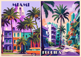 Miami Florida Travel Destination Posters in retro style. American city digital prints. Summer vacation, holidays concept. Vintage vector colorful illustrations.