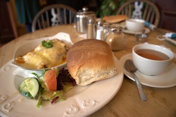 Table with breakfast set in restaurant