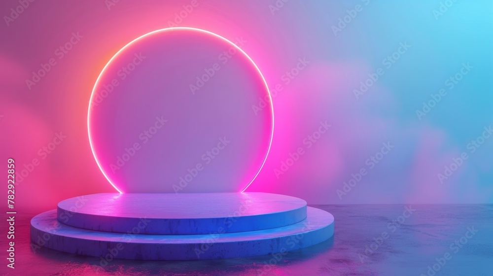 Aufkleber an empty product stand with neon lights on a pastel colored background. 3d rendering.