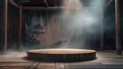 An empty podium made of wood in a traditional Chinese interior.