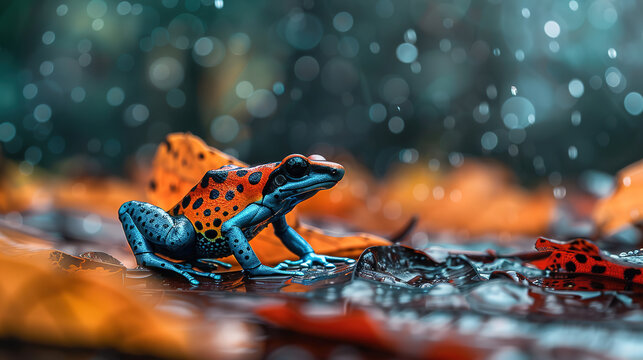 A photo of a colorful poison dart frog, with fallen leaves as the background, during a humid evening 
