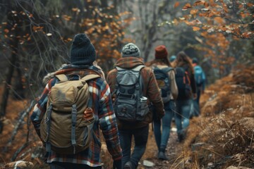 Obraz premium Exploring the Wilderness: A Group Trekking Through the Forest, generative ai