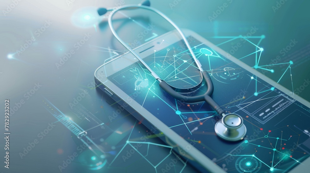 Aufkleber the concept of electronic health or e-health is illustrated with a realistic smart device with a ste