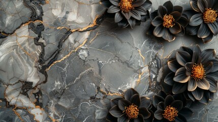 Classic grey marble with black and gold veins, decorated with black dahlias. Luxury design for wedding, mother's day, ceremonial and celebration, fashion. - obrazy, fototapety, plakaty