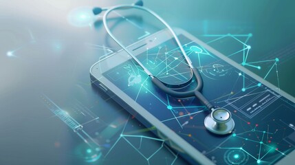 The concept of electronic health or e-health is illustrated with a realistic smart device with a stethoscope hanging from it