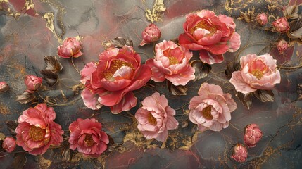 Crimson marble surface viewed from above, accented with gold veins and soft pink peonies. Luxury design for wedding, mother's day, ceremonial and celebration, fashion.