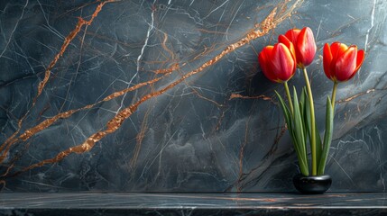 Deep black marble background, accentuated with bold rose gold veins and decorated with vibrant red tulips. Luxury design for wedding, mother's day, ceremonial and celebration, fashion.