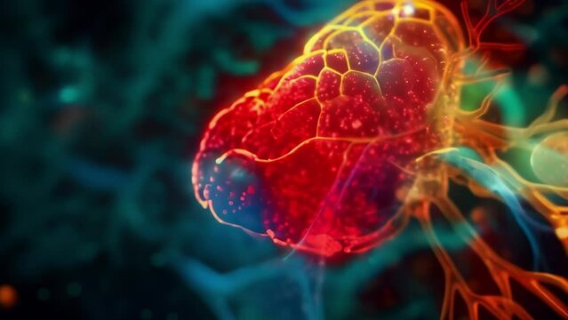 A closeup of a holographic liver highlighting its lobes and functions and showing how it works to filter toxins from the body.