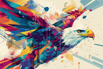 In the background, there is an energetic geometric illustration of the American flag, with a powerful eagle at the center symbolizing strength and freedom.