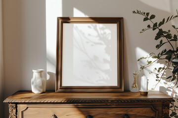 Mockup frame on a wooden chest of drawers in the living room.3d render.