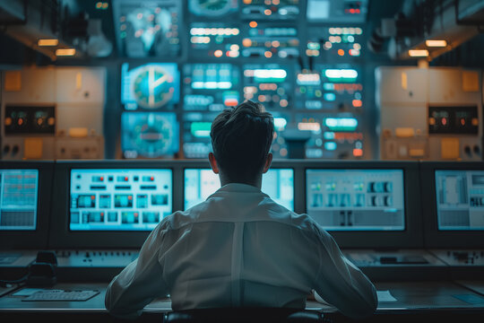 A male engineer worker is seated at a desk, surrounded by multiple computer monitors displaying operational data. He appears focused on analyzing information related to a nuclear power plant