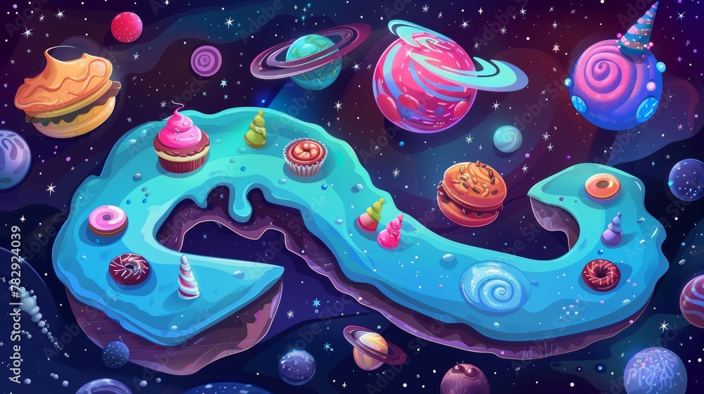 Aufkleber an imaginary sweet dessert planet lies on the path of this space game ui level map. this is a cartoo