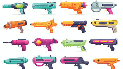Different toy gun flat illustration set. Cartoon wa