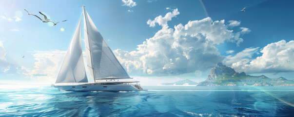 A modern, elegant yacht sailing gracefully on a shimmering sea, surrounded by a serene ambiance of...
