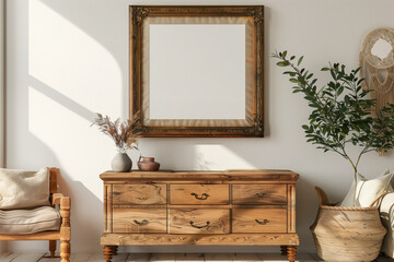 Mockup frame on a wooden chest of drawers in the living room.3d render.