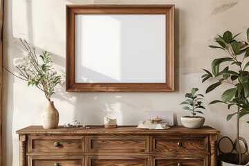 Mockup frame on a wooden chest of drawers in the living room.3d render.