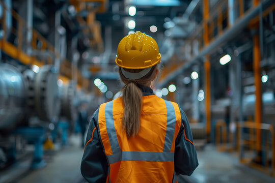 Woman in orange safety vest and hard hat at nuclear power plant. A female engineer worker