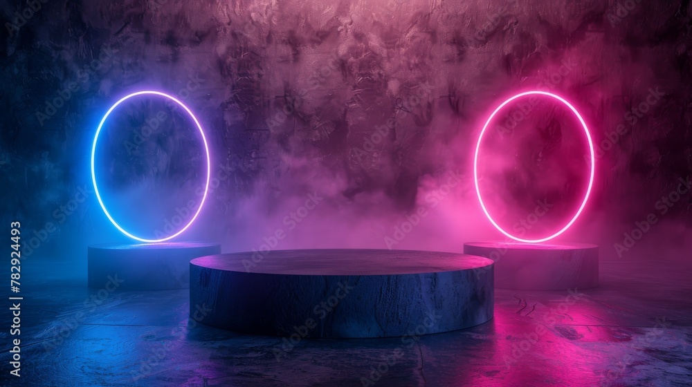 Leinwandbilder 3d rendering of a blank product stand on a dark background with neon lights.