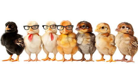 A group of baby chicks wearing glasses and business suits standing in front of an empty white background