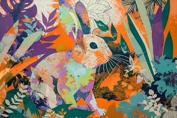 AI generated illustration of an abstract artwork of a rabbit sitting among vibrant flowers