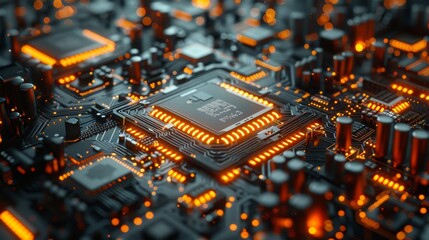 The technology background. Central Computer Processors CPU concept. The digital chip on the motherboard. The technology science background. The integrated communication processor. The 3D - obrazy, fototapety, plakaty