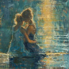 AI generated illustration of two girls in a lake depicted in an oil painting