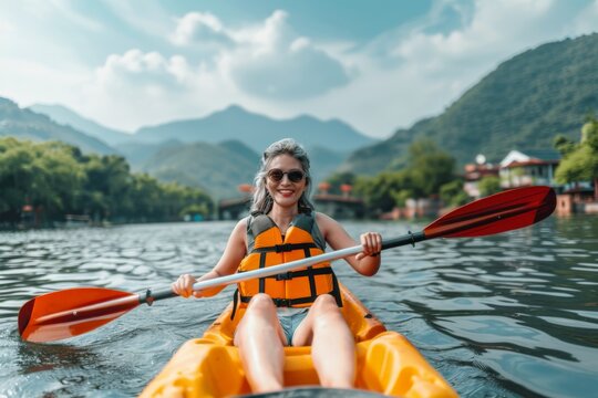 Elegant Lady Kayaking in a Serene Lake with Beautiful Landscape. Generative AI. Beautiful simple AI generated image in 4K, unique.