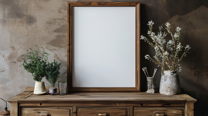 Mockup frame on a wooden chest of drawers in the living room.3d render.