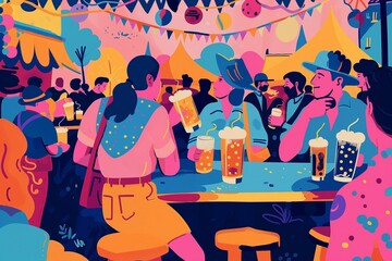 AI generated illustration of a colorful painting of people at table with drinks