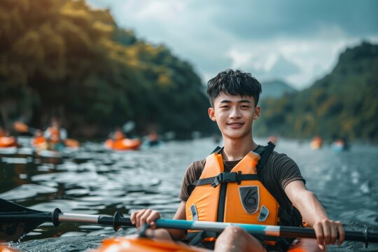 Boy in life jacket on green kayak. Beautiful simple AI generated image in 4K, unique.