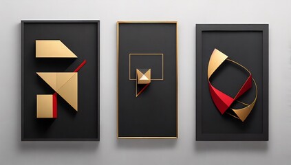 AI generated illustration of a triptych of abstract paintings with geometric shapes and lines
