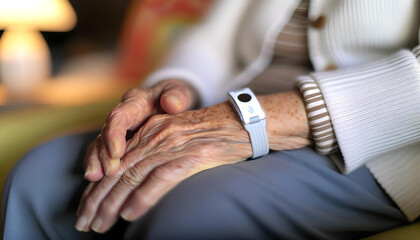 AI generated illustration of an elderly woman with a medical alert bracelet - obrazy, fototapety, plakaty