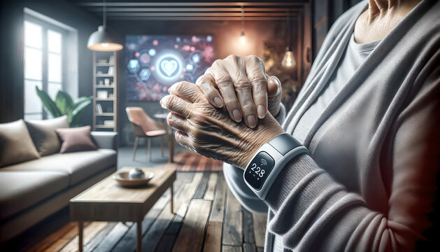 AI generated illustration of an elderly woman wearing a smartwatch