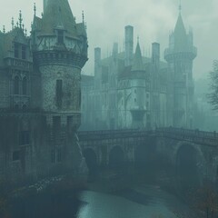 AI-generated illustration of a castle by the river in fog - obrazy, fototapety, plakaty