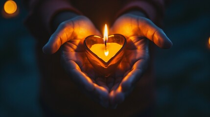 hands holding heart shaped candle.  - obrazy, fototapety, plakaty
