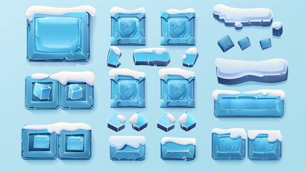 An ice quest game UI button set isolated on a blue background. Modern illustration of blue frozen snow frames, score progress bar, player arrows, reward store, gift box icons.