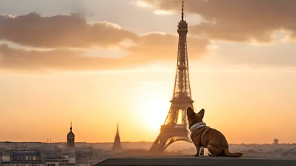 corgi which wear jeans and clothes travel in paris