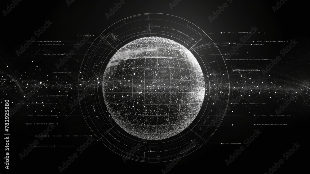 Aufkleber Visualization of big data with text. HUD wireframe mesh sphere with dots and lines. Design for visual data infographics. Science technology. Digital data. Analyzing information.