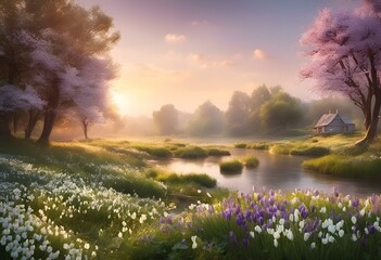 AI generated illustration of sun setting over trees and flowers in the background