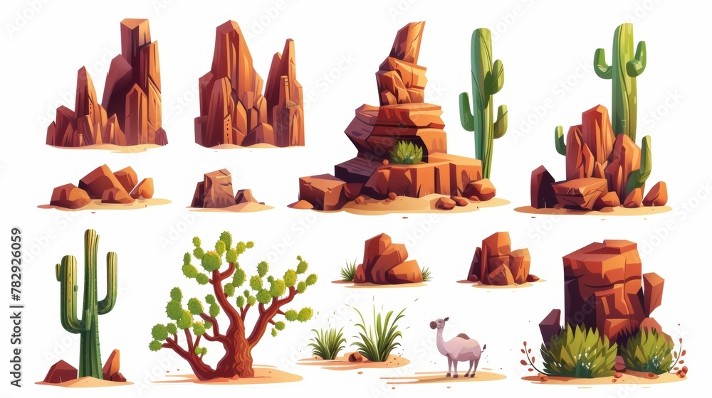 Poster an element set for creating a desert scene with green cacti and a dry tree, a big brown mountain roc