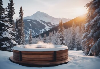 AI generated illustration of a wooden tub emitting steam amid snow-covered trees