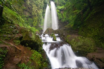 Closeup of beautiful Jumong Waterfall in rainforest located in Karanganyar, Central Java, Indonesia