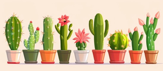 Several cactus plants in pots with colorful flowers arranged in a neat line, adding a touch of nature indoors