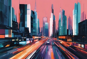 AI generated illustration of an urban cityscape with illuminated city lights during twilight - obrazy, fototapety, plakaty