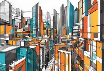AI generated illustration of vibrant cityscape with colorful buildings, ideal for canvas art print